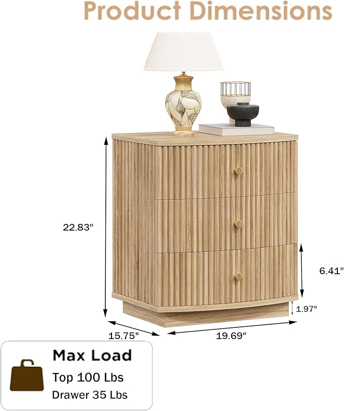 Grooved Wood End Table with 3 Drawers, Curved Edge Storage Side Table, Three Drawer Nightstand Compact Sofa Bedside Table for Bedroom, Living Room and Small Spaces, Natural