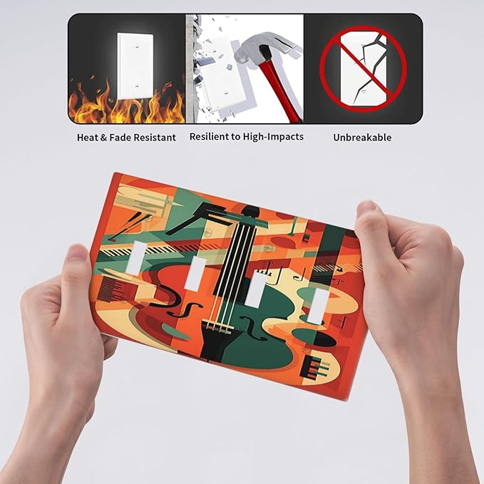 Light Switch Covers Violin Abstract Jazz Colorful Painting Quad Toggle Electrical Faceplate 4 Gang Wall Plate Decorative Switch Plates for living Room Office Decor