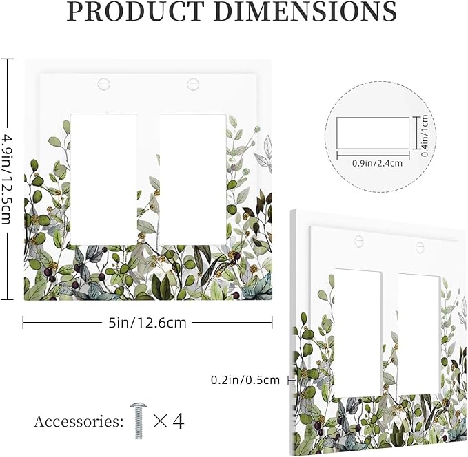 Watercolor Green Eucalyptus Leaves Plants Fruit Decorative Outlet Covers 2 Gang Double GFCI Rocker Electrical Wall Panels Light Switch Cover Plate for Bed Room Living Room Decor