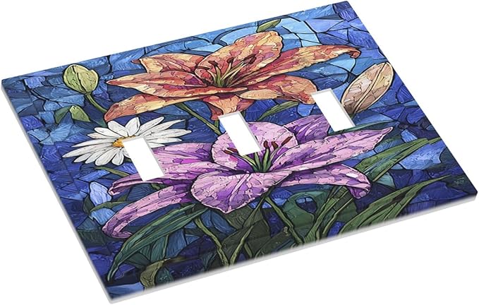 Decorative Switch Plates Vintage Colorful Flower Oil Painting Style 3 Gang Wall Plate Triple Toggle Light Switch Cover Faceplate Electrical Wall Panels for Bedroom Bathroom Decor