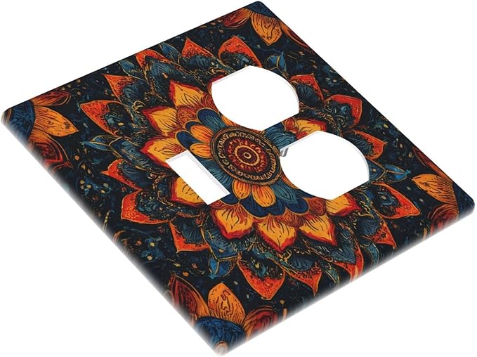 Colorful Oriental Floral Blooming Mandala Flower Outlet Covers 2 Gang Combination 1 Toggle/1 Duplex Light Switch Cover Decorative Gfci Wall Plate Electrical Receptacle Switchplate Bathroom
