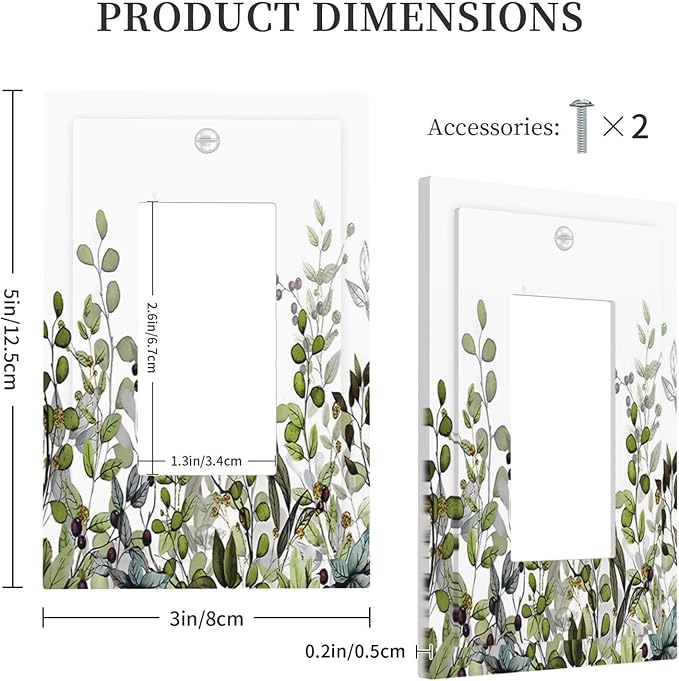 Watercolor Green Eucalyptus Leaves Plants Fruit Decorative Outlet Covers 1 Gang Single Rocker Light Switch Cover Plate Wall Plates GFCI Faceplate for Bed Room Living Room Decor
