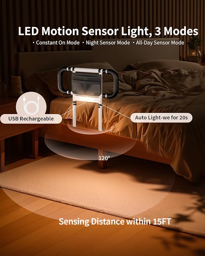 Bed Rails for Elderly Adults Safety: Elderly Assistance Products with Adjustable Double Grips, Storage Pocket, Motion Sensor Light, Items for Elderly Bed Rail, Can Withstand 300lb(White)