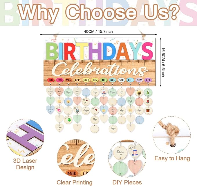 CHDITB Classroom Birthday Chart Wall Hanging(16”x7”), Colorful 3D Birthday Celebrations Calendar for Classroom Students Kids, Wooden DIY Teacher Gifts Reminder Tracker with 100 Tags