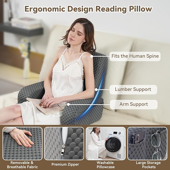 Bed Reading Pillow Back Support with Arms, Removable Pillowcase for Book Working Gaming Resting Watching TV, White/22in