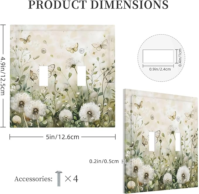 Dandelions Butterflies Watercolor Wildflowers Floral Decorative Switch Plates 2 Gang Double Toggle Outlet Light Switch Cover Wall Plate Electrical Faceplate for Bedroom Living Room Decor