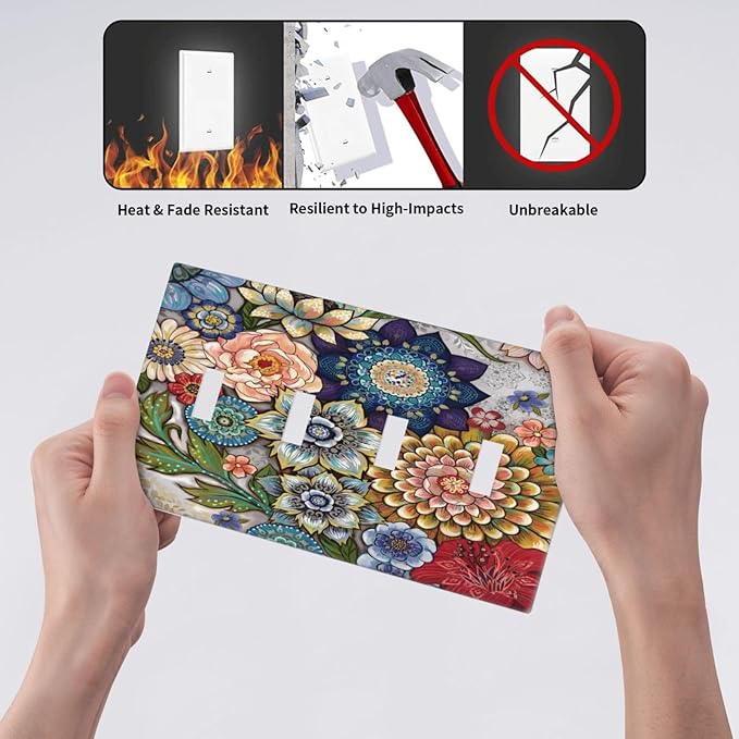 Boho Floral Colorful Floral Multi Color Flower Light Switch Covers Quad Toggle Electrical Faceplate 4 Gang Wall Plate Decorative Switch Plates Cover for Bedroom Living Room Home Decor