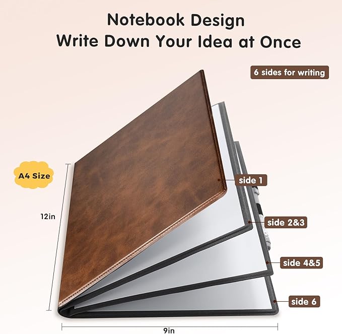 CoBak 6 Sides Portable White Board 12x9 inch (A4) - Notebook Design Dry Erase Small Board with Pocket, Anti-Ghosting Surface for Office, School, Homeschool with Gift Box (Brown Pocket Upgrade)