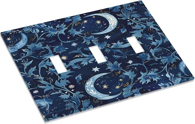 Decorative Switch Plates Vintage Moon And Flowers Decor Floral William Morris 3 Gang Wall Plate Triple Toggle Light Switch Cover Faceplate Electrical Wall Panels for Bedroom Kids room Decor