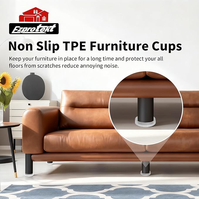 Ezprotekt Non Slip Furniture Pads, 8 Pcs 2.5" Anti Skid Rubber Caster Cups, Round Furniture Coasters for Hardwoods Floors, Anti-Slip Grippers, Furniture Stoppers to Prevent Sliding (Clear)