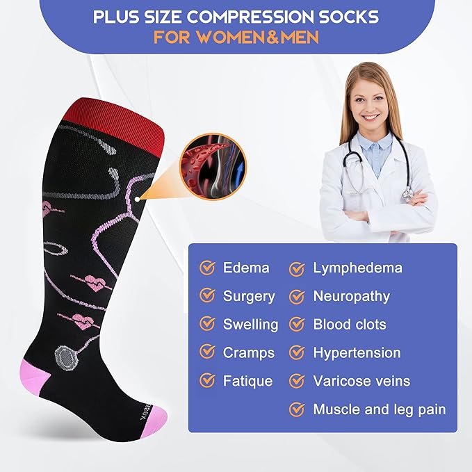 LEVSOX Plus Size Compression Socks for Women Men Wide Calf Extra Large 15-20 mmHg Knee High Sock for Nurses Pregnant Travel