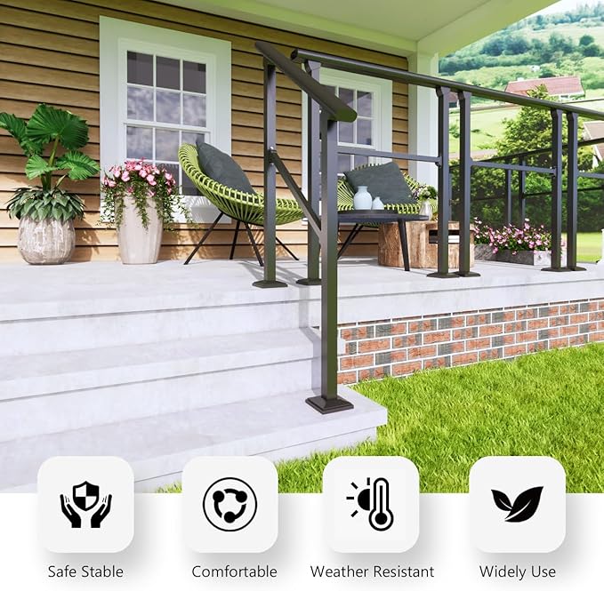 DIYHD 3 Step Handrail for Outdoor,Powder Coated Iron Stair Railing,Black Hand Rails for Indoor, Porch,Deck,1 Pack
