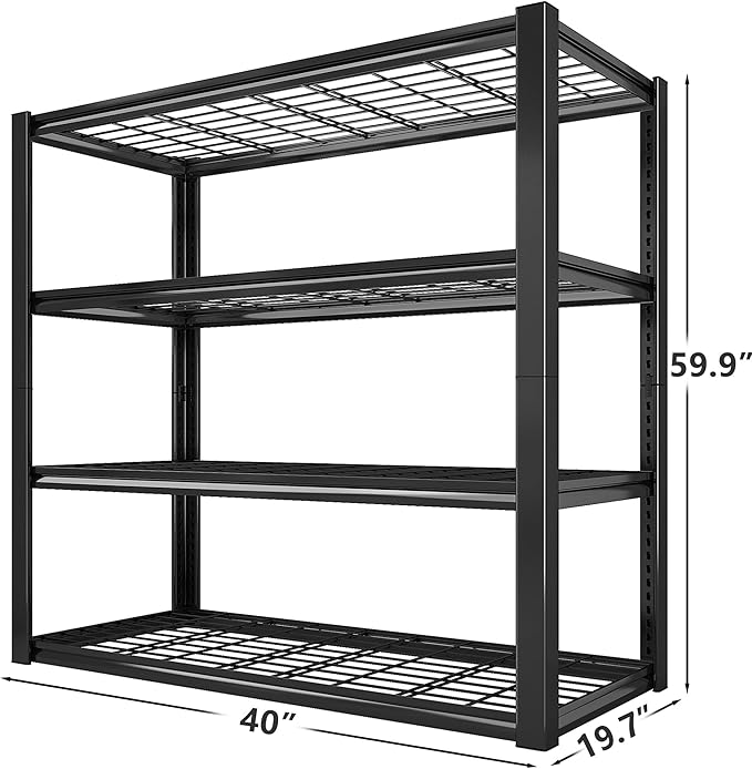 REIBII 40" W Storage Shelves 2200LBS Garage Shelving Heavy Duty Metal Shelving Adjustable Metal Shelves Industrial 4 Tier Shelf for Warehouse Basement Pantry Kitchen 40" W x 19.7" D x 59.9" H Black