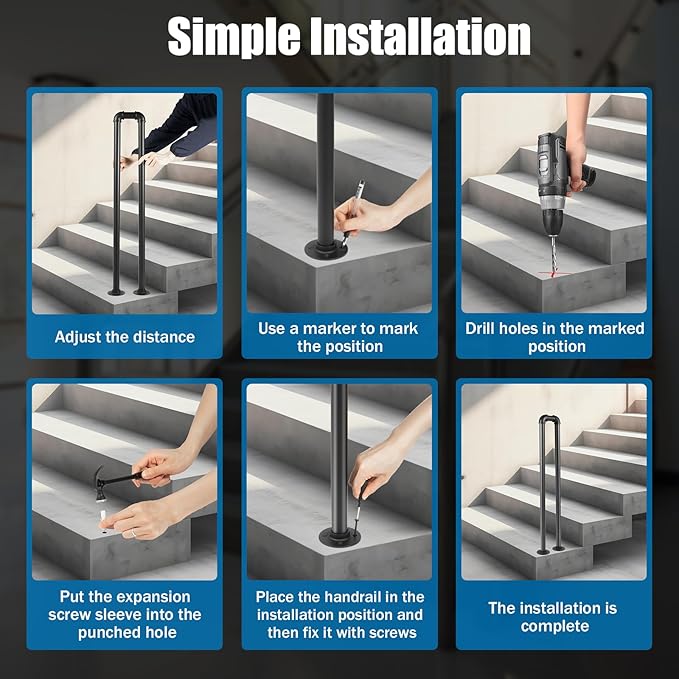 Stair Handrail Matte Black U-Shaped Industrial Wrought Iron Railing Non-Slip Safety Indoor Or Outdoor Elderly Children's Support Poles, Home for Garden Loft Corridor Villa Hotel