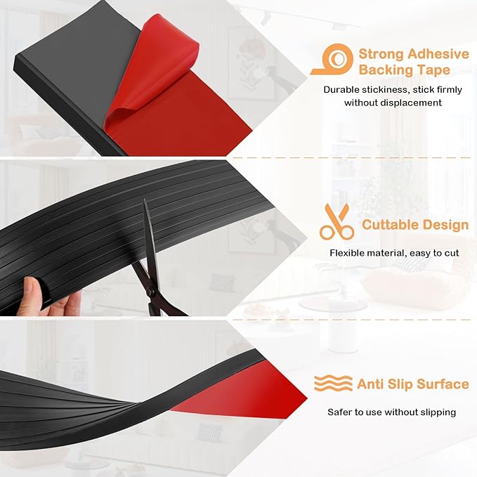 Threshold Ramps for Doorways Self-Adhesive Rubber Ramps for Door Threshold Rubber Door Threshold Ramp for Wheelchair Stroller Scooter Reducer Ramp (Black, 3” Wide x 6.6' Long)