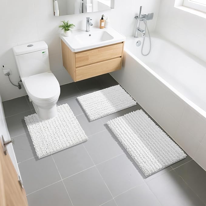 Yimobra Bathroom Rugs Sets 2 Piece - Quick Dry Extra Thick Luxury Chenille Bath Mat, Non Slip Super Absorbent for Tub Shower Sink, Machine Washable Shaggy Floor Mat, 44"x24"+24"x17" Inch, White