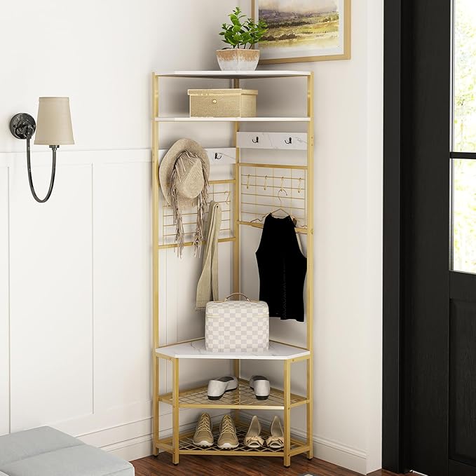 Giantex Corner Hall Tree, 73" Tall Coat Rack w/Shoe Storage Bench, 12 Metal Hooks, 5-Tier Entryway Shoes Shelf Organizer, Freestanding Clothes Rack for Living Room, Bedroom (White & Gold)