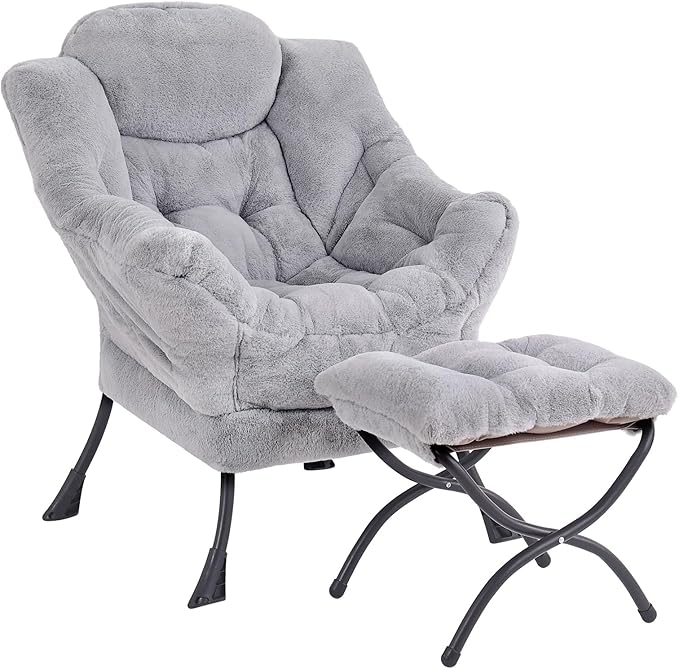 Lazy Chair with Folding Ottoman, Modern Accent Lounge Armchair with Armrests and a Side Pocket & Foldable Footstool, Leisure Reading Chair for Living Room, Bedroom, Dorm & Office, Plush Grey