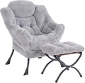 Lazy Chair with Folding Ottoman, Modern Accent Lounge Armchair with Armrests and a Side Pocket & Foldable Footstool, Leisure Reading Chair for Living Room, Bedroom, Dorm & Office, Plush Grey