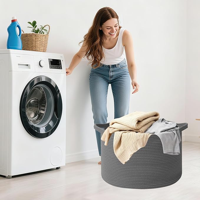 Large Storage Basket with Handle,19.7" L x 19.7" W x 13" H Blanket Basket Storage Bins for Organizing,65L Cotton Rope Woven Baskets for Living Room, Nursery ,Bedroom,Dark Gry