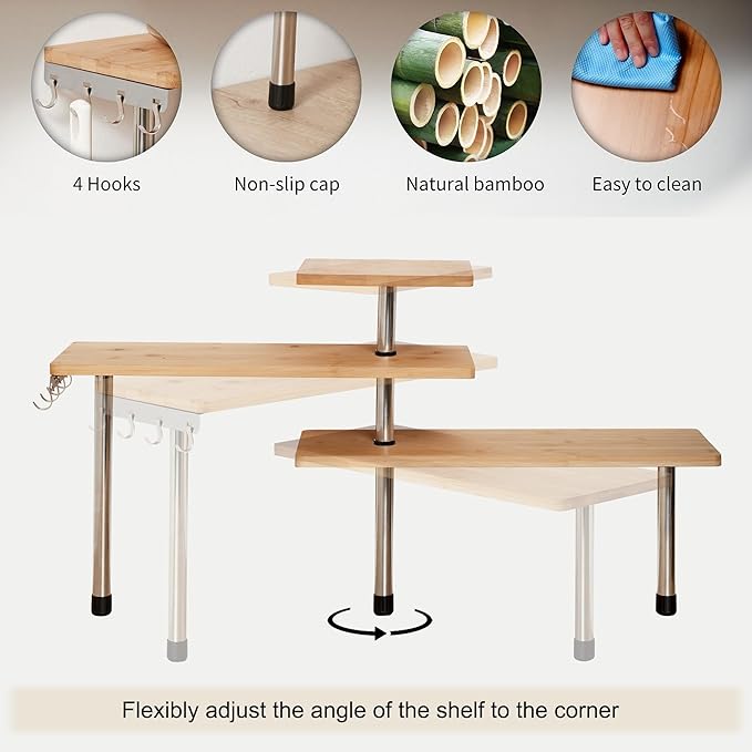 HYNAWIN 3-Tier Corner Shelf, Bamboo & Metal Storage Rack with Hooks, Adjustable Countertop Organizer for Kitchen, Bathroom, Bedroom or Office