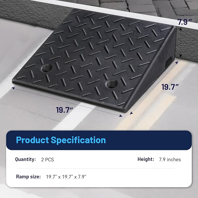 Rubber Curb Ramp, 8" Rise Height 2 Pack, Heavy-Duty 3 T Capacity Threshold Ramps, 19.7" L x 19.7" W Driveway Ramps for Cars, Wheelchairs, Bikes, Motorcycles