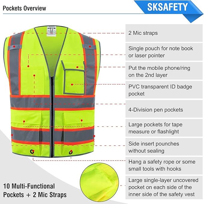 SKSAFETY 10 Pockets Safety Vest, Class 2 High Visibility Security with Zipper, Hi Vis Vest with Reflective Strips, ANSI/ISEA Standard, Construction Work Vest for Men ＆ Women （Lime, L）