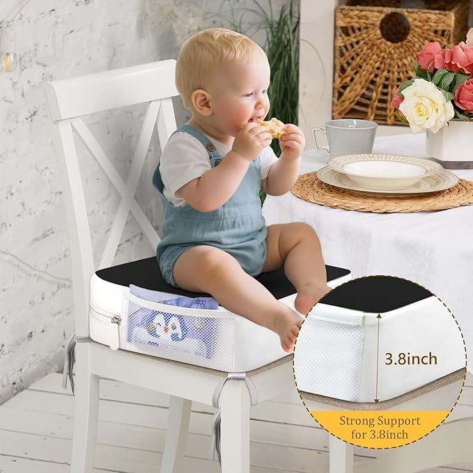Booster Seat for Kitchen Chair - 4-Point Anchor 3.8" Lift Toddler Booster Seat for Dining Table with Side Pockets, Non-Slip & Portable Dining Cushion for Kids (Black)