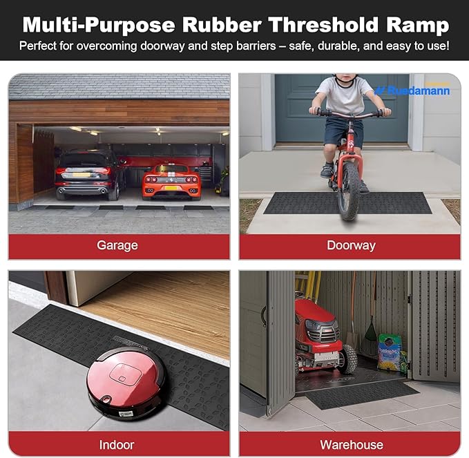 Ruedamann 1.2" Rise Threshold Ramps for Doorways, Sturdy Rubber Threshold Ramp, Non-Slip Ramp for Wheelchair for Home, Adjustable and Cuttable for Wheelchairs, Scooters, Sweepers, Curbs