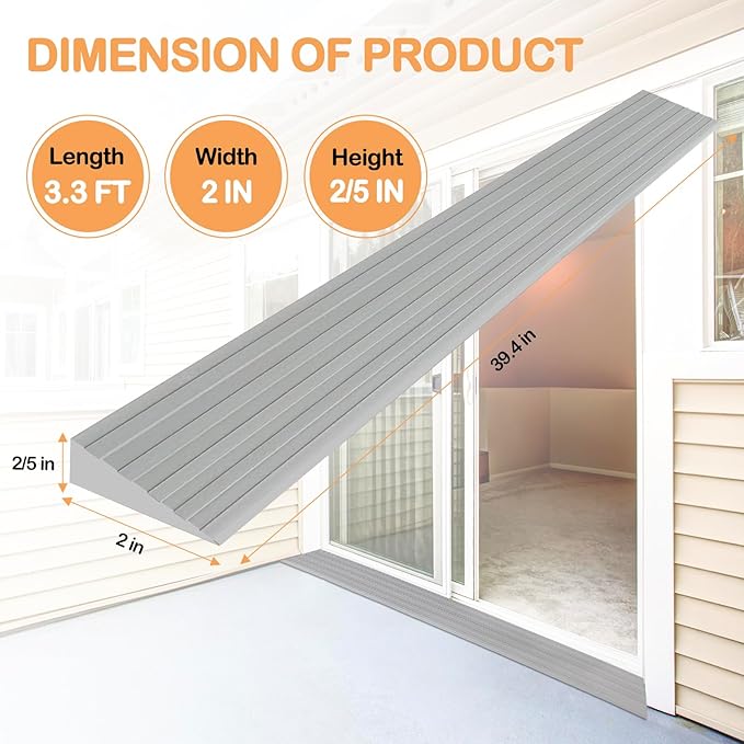 Threshold Ramps for Doorways Self-Adhesive Rubber Ramps for Door Threshold Rubber Door Threshold Ramp for Wheelchair Stroller Scooter Reducer Ramp (Gray, 2” Wide x 3.3' Long)