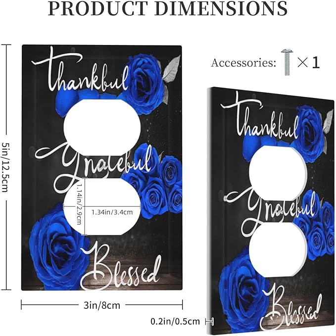 Outlet Covers Blue Rose Thankful Grateful Blessed 1 Gang Duplex Light Switch Cover Plate Romantic Blue Floral Decorative Wall Plates Electrical Switchplate Receptacle Cover for Home Decor