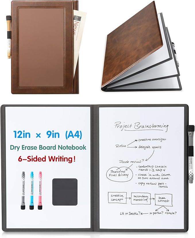 CoBak 6 Sides Portable White Board 12x9 inch (A4) - Notebook Design Dry Erase Small Board with Pocket, Anti-Ghosting Surface for Office, School, Homeschool with Gift Box (Brown Pocket Upgrade)