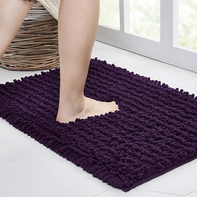 Walensee Bathroom Rug Non Slip Bath Mat (36x24 Inch Dark Purple) Water Absorbent Super Soft Shaggy Chenille Machine Washable Dry Extra Thick Perfect Absorbant Best Large Plush Carpet for Shower Floor