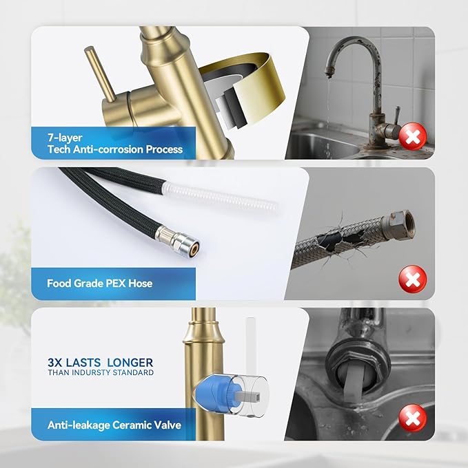 Gold Kitchen Faucet with Sprayer,Single Handle Kitchen Sink Faucet with Pull Out Sprayer, Champagne Bronze, Arofa Brushed Gold Brass Faucets for RV/Outdoor/Laundry Sink