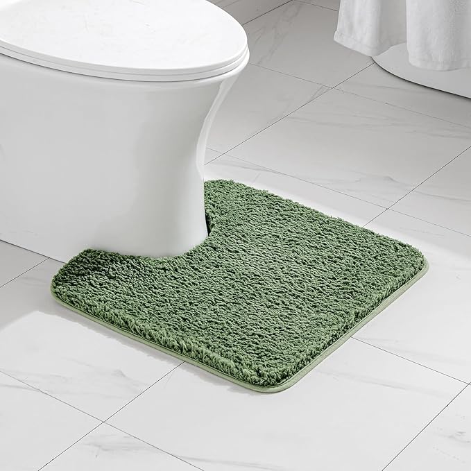 MIULEE Microfiber Toilet Bath Mat U-Shaped Contour Shaggy Rugs Non Slip Extra Thick Soft Absorbent Water for Bathroom Commode Machine Washable(20x20 Inch, Moss Green)
