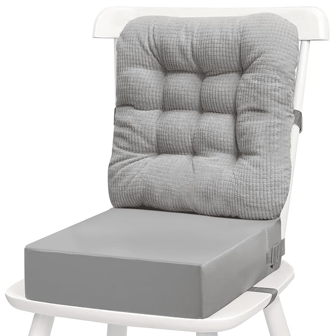 Toddler Booster Seat for Dining Table 2PC Upgraded 3.6IN Cushion with Soft Corduroy Backrest Infant Booster Seat for Kitchen Chair with Adjustable Straps - Non-Slip Base & Breathable Fabric ﻿