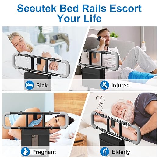 Seeutek Bed Rails for Elderly Adults Safety, Foldable Bed Assist Rails for Seniors, Adjustable Bed Side Rails with Safety Strap & Storage Pocket & LED Light, Fit Queen Twin King Beds
