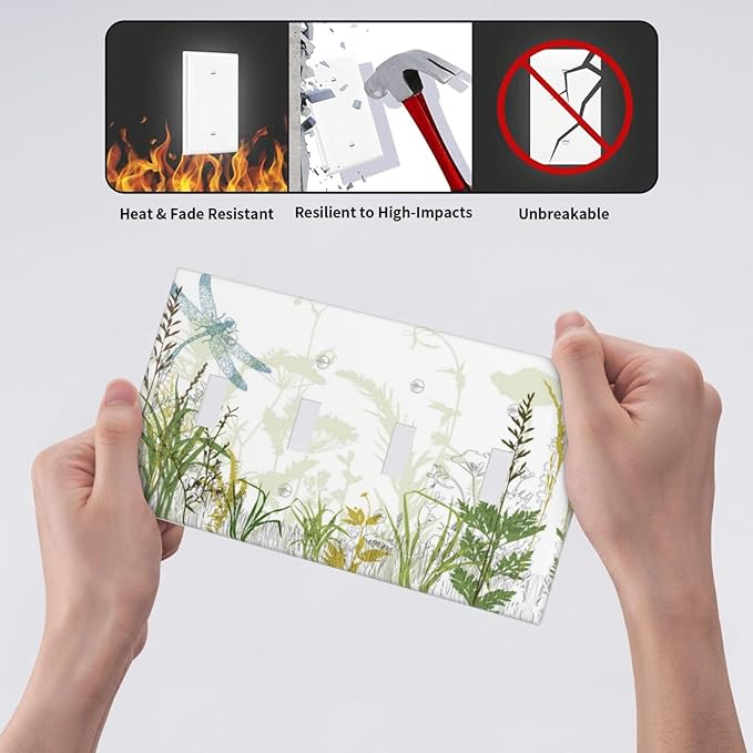 Wild Flower Dragonfly 4 Gang Toggle Light Switch Cover Plates Decorative Electric Outlet Covers Decorator Wall Switch Plate Receptacle Plug Covers 8 * 4.5 Inches