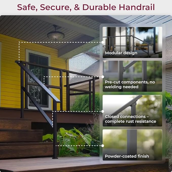 CR Fence & Rail Handrails for Outdoor Steps & Indoor Stair Railing Kit, 3-4 Steps Safety Hand Rail for Porch & Deck