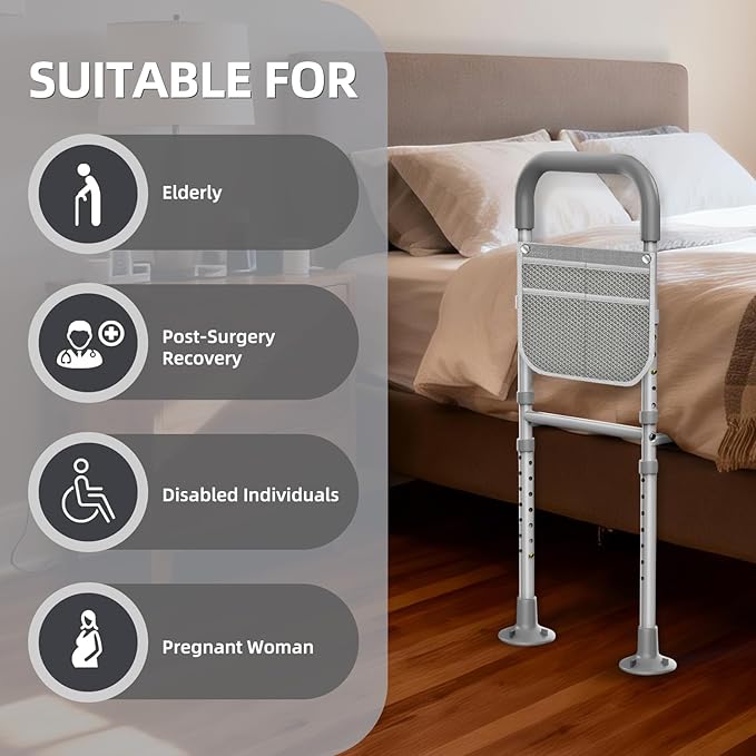Bed Rails for Elderly Adults Safety: ASTM Approved Adjustable Bed Assist Rail for Seniors with Storage Bag & Non-Slip Handle - Bedside Grab Bar Hold up to 350 Lbs - Fits King Queen Full Twin Medium