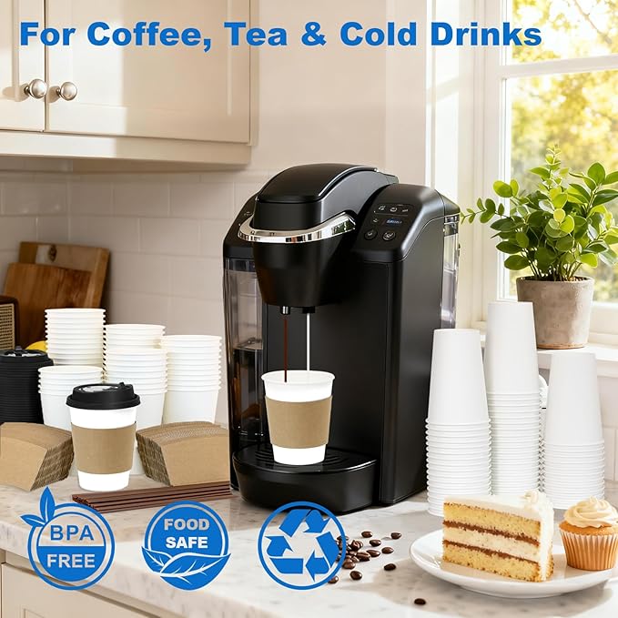 12 oz 300 Pack Coffee Cups with Lids and Sleeves, Straws, Hot Disposable To Go Travel Paper Cups Bulk for Office, Home Coffee Bar Accessories, Chocolate, Cocoa, Beverage (White)