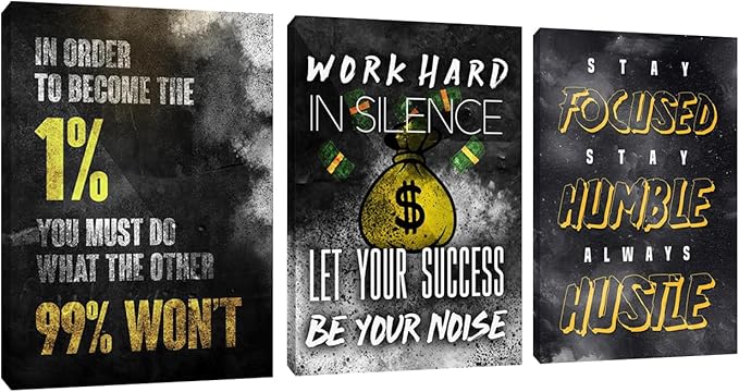 Inspirational Wall Art Motivational Wall Art 3 Pieces Canvas Wall Art Office Decor Hustle Quotes Poster Painting Print Artwork Framed for Bedroom Living Room Gym(72''Wx 36''H)