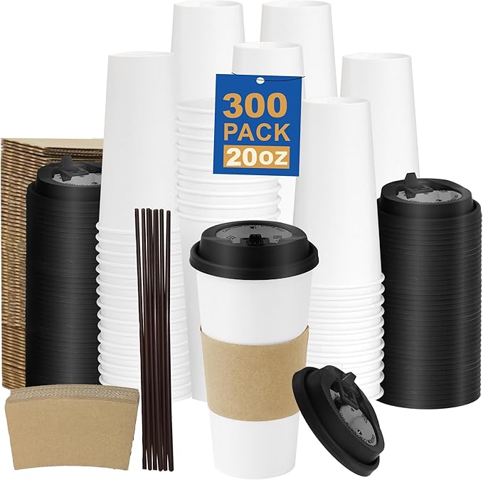 20 oz 300 Pack Coffee Cups with Lids and Sleeves, Straws, Hot Disposable To Go Travel Paper Cups Bulk for Office, Home Coffee Bar Accessories, Chocolate, Cocoa, Beverage (White)