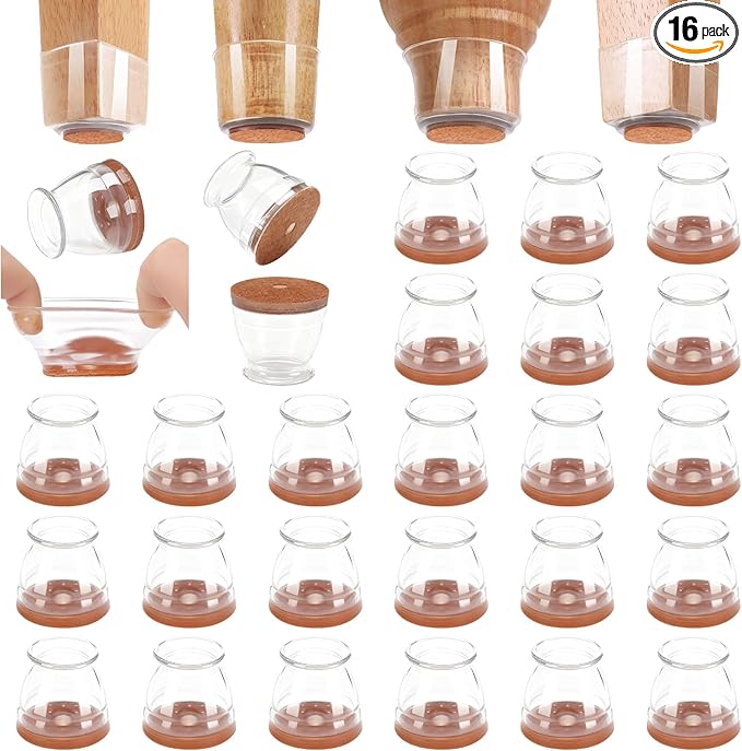 CHUNZEXI 16 Pack Chair Leg Floor Protectors for Hardwood Floors, Silicone Felt Covers Pads Caps, Protect Wood Furniture Feet Floors Noise Reduce and Scratch (Universal Small & Clear)