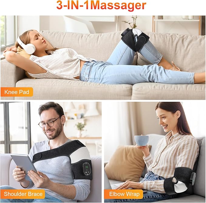Cordless Heated Knee Massager, FSA Eligible 3-in-1 Electric Massager with Heating Pad for Elbow Shoulder Pain Relief Wrap with 3 Vibration & 6 Heating Modes