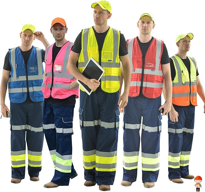 A-SAFETY High Visibility Safety Vest with 7 Pockets Multi Frontal Pockets Lighetweight Safety Vest with Reflective Strips and Zipper, Orange&Blue Color Mixed, XXXL