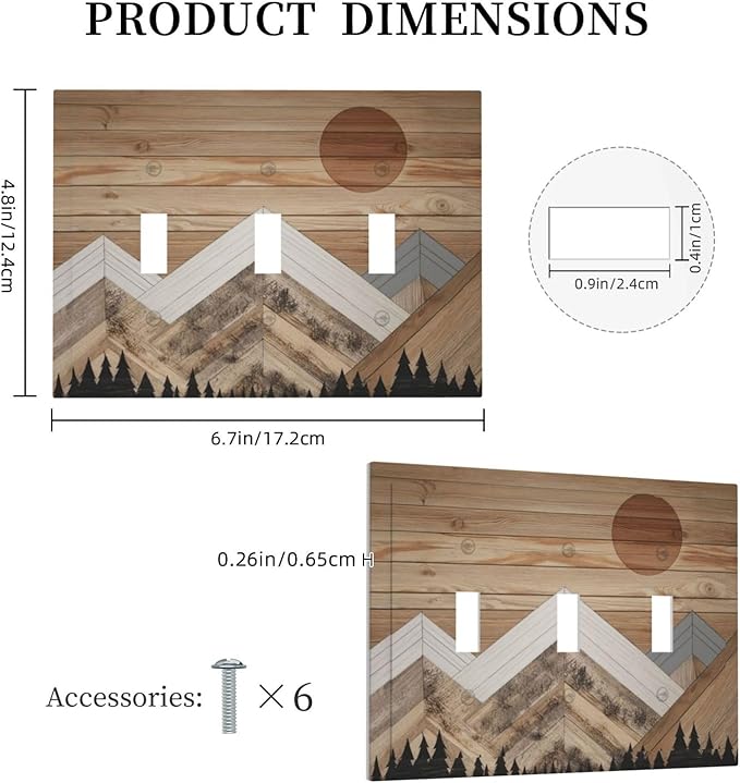 Wooden Planks Mosaic Snow Mountain Sun Decorative Switch Plates 3 Gang Wall Plate Triple Toggle Light Switch Cover Faceplate Electrical Wall Panels for Farmhouse Home Decor