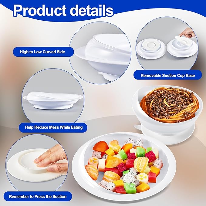 Hushee Adaptive Spill Proof Scoop Bowl and Plate Set with Suction Base Non Skid Self Feed Dinnerware for Elderly Disabled Handicapped from Parkinsons, Dementia, Stroke, Tremor(2 Sets,White)