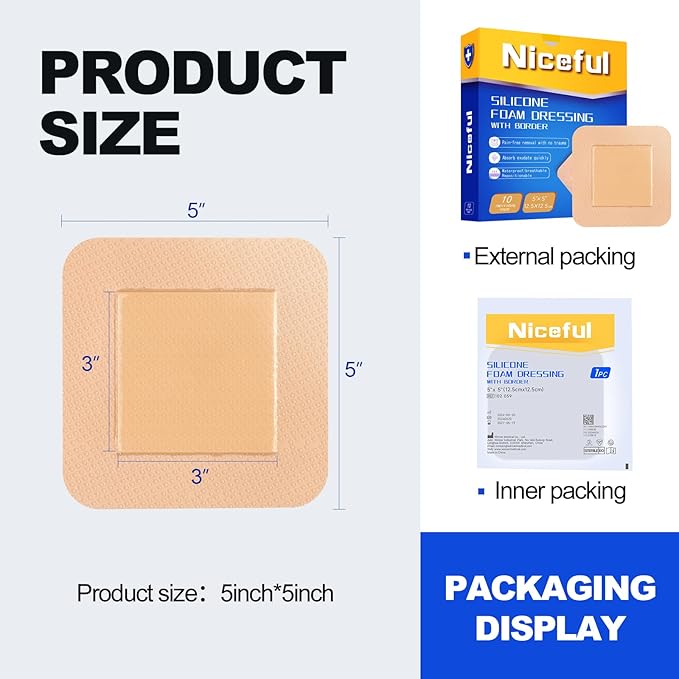 Silicone Foam Dressing 5x5 inch - Large Bandages for Wounds (10Pcs), Waterproof, Absorbent, Bed Sore Bandages Wound Care Dressing