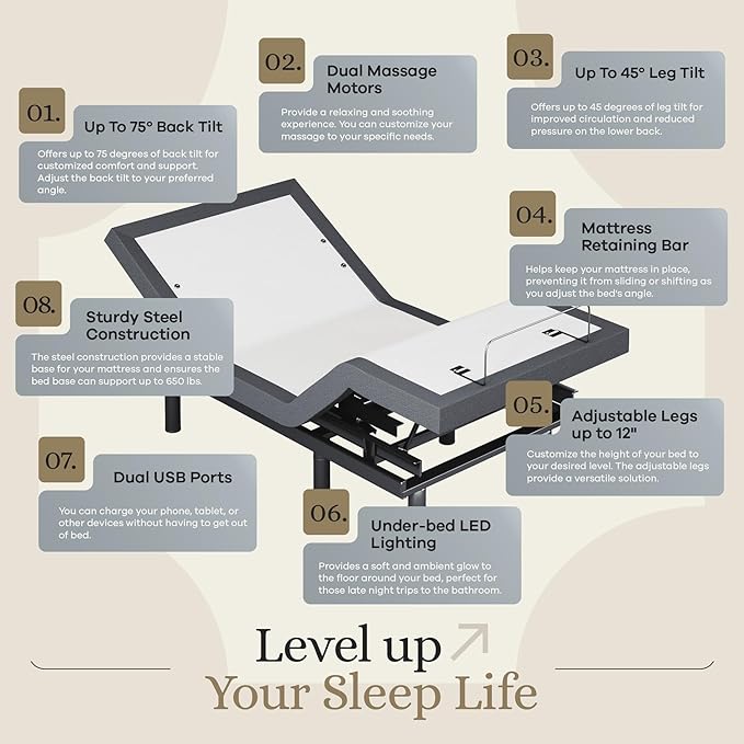 Sven & Son Classic Adjustable Bed Base, Head and Foot Lift, Massage, Under-Bed Lights, USB, Gel Memory, Zero Gravity Smart Frame - Twin XL + 12 inch Memory Foam Matt (Medium)